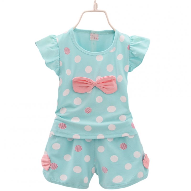 2pcs Toddler Girls Short Sleeve Printed Bowknot Shirt Top Shorts Outfits Summer Cotton Clothes Baby Suit blue 3-4Y 110cm