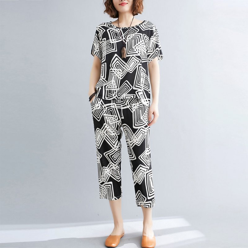 2pcs Women Ethnic Style Suit Summer Short Sleeves Loose Large Size T-shirt Cropped Harem Pants black square S