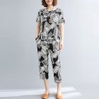 2pcs Women Ethnic Style Suit Summer Short Sleeves Loose Large Size T-shirt Cropped Harem Pants black square M