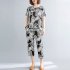 2pcs Women Ethnic Style Suit Summer Short Sleeves Loose Large Size T shirt Cropped Harem Pants black square S