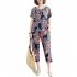 2pcs Women Ethnic Style Suit Summer Short Sleeves Loose Large Size T shirt Cropped Harem Pants black square S