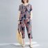 2pcs Women Ethnic Style Suit Summer Short Sleeves Loose Large Size T shirt Cropped Harem Pants black square S