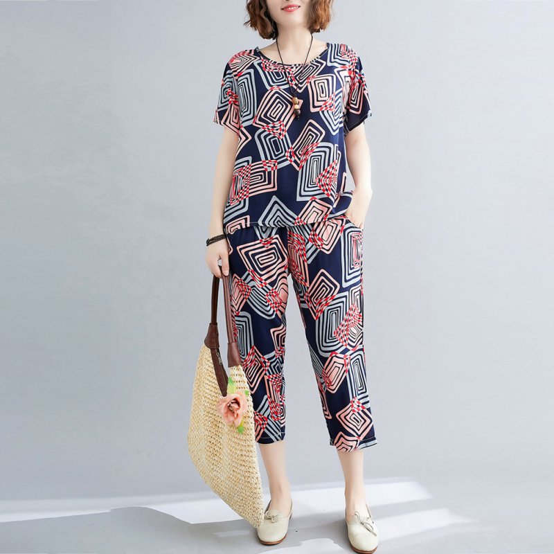 2pcs Women Ethnic Style Suit Summer Short Sleeves Loose Large Size T-shirt Cropped Harem Pants red square L
