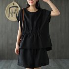 2pcs Women Fashion Cotton Linen Suit Short Sleeves Solid Color Shirt Casual Shorts Two-piece Set black L