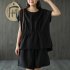 2pcs Women Fashion Cotton Linen Suit Short Sleeves Solid Color Shirt Casual Shorts Two piece Set black M