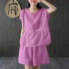 2pcs Women Fashion Cotton Linen Suit Short Sleeves Solid Color Shirt Casual Shorts Two-piece Set Pink L