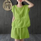2pcs Women Fashion Cotton Linen Suit Short Sleeves Solid Color Shirt Casual Shorts Two-piece Set light green M