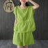 2pcs Women Fashion Cotton Linen Suit Short Sleeves Solid Color Shirt Casual Shorts Two piece Set light green L