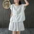 2pcs Women Fashion Cotton Linen Suit Short Sleeves Solid Color Shirt Casual Shorts Two piece Set black XL