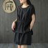 2pcs Women Fashion Cotton Linen Suit Short Sleeves Solid Color Shirt Casual Shorts Two piece Set black XL