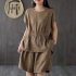 2pcs Women Fashion Cotton Linen Suit Short Sleeves Solid Color Shirt Casual Shorts Two piece Set black XL