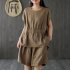 2pcs Women Fashion Cotton Linen Suit Short Sleeves Solid Color Shirt Casual Shorts Two piece Set black XL