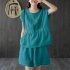 2pcs Women Fashion Cotton Linen Suit Short Sleeves Solid Color Shirt Casual Shorts Two piece Set black XL