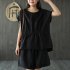 2pcs Women Fashion Cotton Linen Suit Short Sleeves Solid Color Shirt Casual Shorts Two piece Set black L