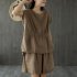 2pcs Women Fashion Cotton Linen Suit Short Sleeves Solid Color Shirt Casual Shorts Two piece Set black XL