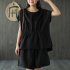 2pcs Women Fashion Cotton Linen Suit Short Sleeves Solid Color Shirt Casual Shorts Two piece Set black XL