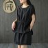 2pcs Women Fashion Cotton Linen Suit Short Sleeves Solid Color Shirt Casual Shorts Two piece Set black XXXL