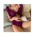 2pcs Women Fashion Split Swimsuit Backless Slim Fit Underwire Bra Bodysuit Two piece Swimwear For Hot Spring wine red M