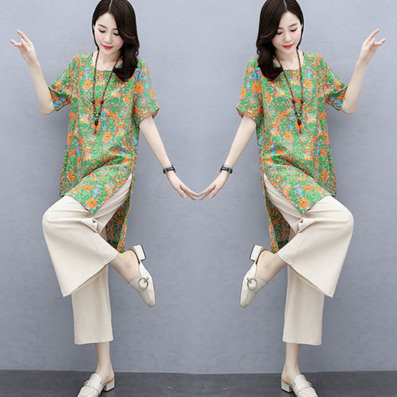 2pcs Women Fashion Sports Suit Short Sleeves Round Neck Sweet Printing Shirt Casual Cropped Pants Two-piece Set orange XL