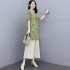 2pcs Women Fashion Sports Suit Short Sleeves Round Neck Sweet Printing Shirt Casual Cropped Pants Two piece Set green M