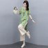 2pcs Women Fashion Sports Suit Short Sleeves Round Neck Sweet Printing Shirt Casual Cropped Pants Two piece Set green M