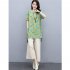2pcs Women Fashion Sports Suit Short Sleeves Round Neck Sweet Printing Shirt Casual Cropped Pants Two piece Set green M