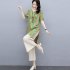 2pcs Women Fashion Sports Suit Short Sleeves Round Neck Sweet Printing Shirt Casual Cropped Pants Two piece Set green M