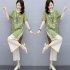 2pcs Women Fashion Sports Suit Short Sleeves Round Neck Sweet Printing Shirt Casual Cropped Pants Two piece Set green M