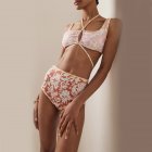 2pcs Women High Waist Bikini Swimsuit Set Retro Moroccan Printed Sexy Backless Lace-up Tops Quick-drying Briefs Suit Pink S