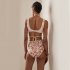2pcs Women High Waist Bikini Swimsuit Set Retro Moroccan Printed Sexy Backless Lace up Tops Quick drying Briefs Suit Pink L