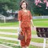 2pcs Women Loose Short Sleeves T shirt Set Summer Casual Printing Tops Cropped Pants Two piece Suit Orange L