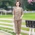 2pcs Women Loose Short Sleeves T shirt Set Summer Casual Printing Tops Cropped Pants Two piece Suit Orange 3XL