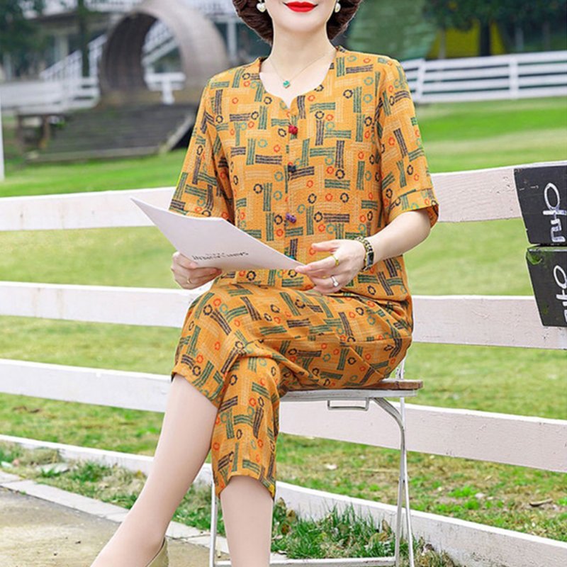 2pcs Women Loose Short Sleeves T-shirt Set Summer Casual Printing Tops Cropped Pants Two-piece Suit Orange 3XL