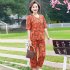 2pcs Women Loose Short Sleeves T shirt Set Summer Casual Printing Tops Cropped Pants Two piece Suit Orange 3XL