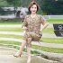 2pcs Women Loose Short Sleeves T shirt Set Summer Casual Printing Tops Cropped Pants Two piece Suit Khaki L