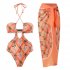 2pcs Women Sexy Swimsuit With Beach Coverup Skirt Fashion Printing Halter Backless Cut Out Bikini Suit orange suit M