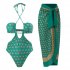 2pcs Women Sexy Swimsuit With Beach Coverup Skirt Fashion Printing Halter Backless Cut Out Bikini Suit green suit S