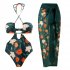 2pcs Women Sexy Swimsuit With Beach Coverup Skirt Fashion Printing Halter Backless Cut Out Bikini Suit green suit S