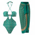 2pcs Women Sexy Swimsuit With Beach Coverup Skirt Fashion Printing Halter Backless Cut Out Bikini Suit green suit M