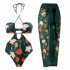 2pcs Women Sexy Swimsuit With Beach Coverup Skirt Fashion Printing Halter Backless Cut Out Bikini Suit green suit L