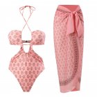 2pcs Women Sexy Swimsuit With Beach Coverup Skirt Fashion Printing Halter Backless Cut Out Bikini Suit pink suit S