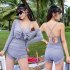 2pcs Women Sexy Swimsuit Trendy Solid Color High Waist Slim Fit One piece Swimwear For Hot Spring orange M
