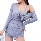 2pcs Women Sexy Swimsuit Trendy Solid Color High Waist Slim Fit One-piece Swimwear For Hot Spring light purple M