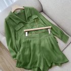 2pcs Women Shirt Shorts Suit Long Sleeves Lapel Shirt Solid Color Shorts Large Size Casual Loose Two-piece Set dark green M