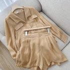 2pcs Women Shirt Shorts Suit Long Sleeves Lapel Shirt Solid Color Shorts Large Size Casual Loose Two-piece Set dark brown XXL