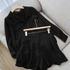 2pcs Women Shirt Shorts Suit Long Sleeves Lapel Shirt Solid Color Shorts Large Size Casual Loose Two-piece Set black L