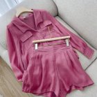 2pcs Women Shirt Shorts Suit Long Sleeves Lapel Shirt Solid Color Shorts Large Size Casual Loose Two piece Set bright pink L