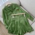 2pcs Women Shirt Shorts Suit Long Sleeves Lapel Shirt Solid Color Shorts Large Size Casual Loose Two piece Set dark green L
