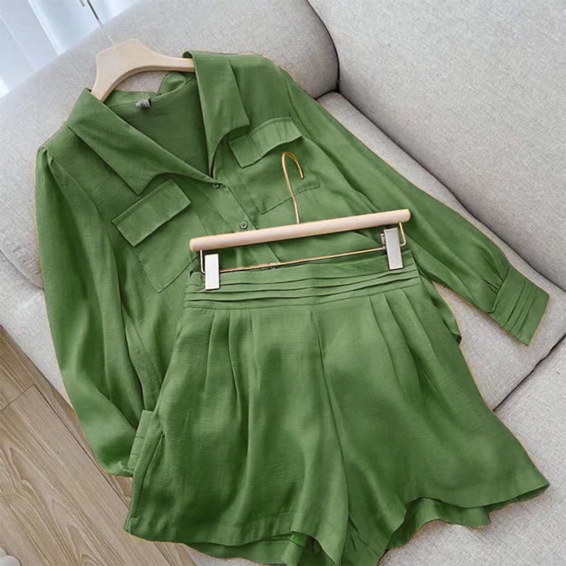 2pcs Women Shirt Shorts Suit Long Sleeves Lapel Shirt Solid Color Shorts Large Size Casual Loose Two-piece Set dark green XXXL
