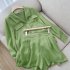 2pcs Women Shirt Shorts Suit Long Sleeves Lapel Shirt Solid Color Shorts Large Size Casual Loose Two piece Set dark green XXXL